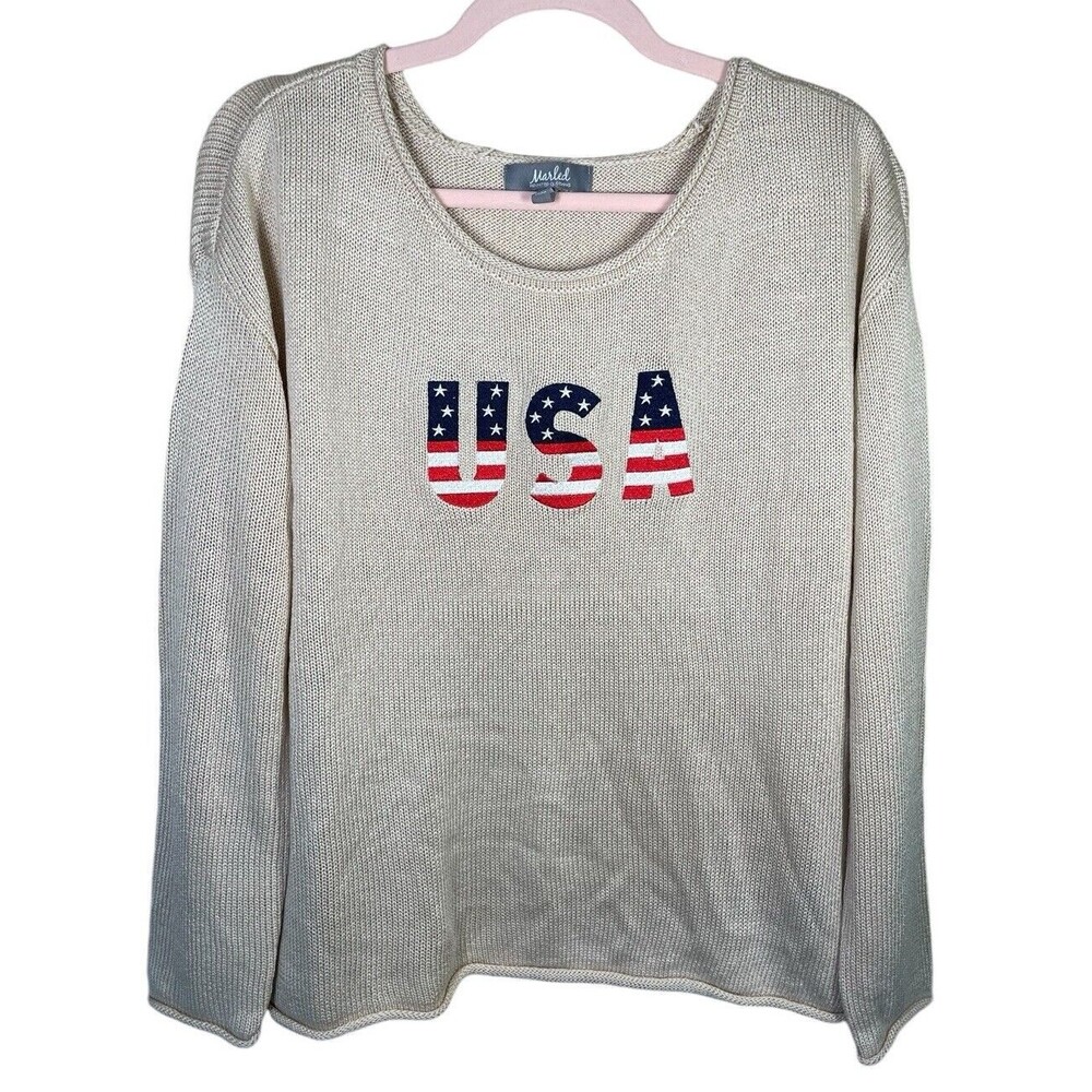 Marled USA  Knit Sweater Womens Medium Embroider  Pullover Rolled Hem‎ Patriotic